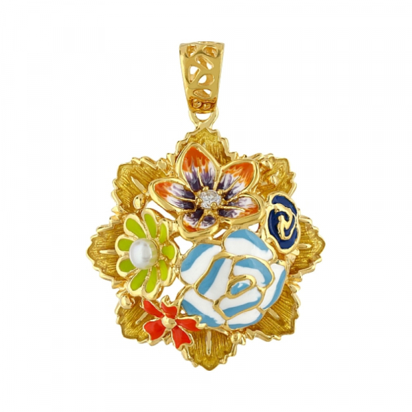 Серебряная подвеска с имит. жемчуга, фианитами,эмалью и золот. покрытием № 106171