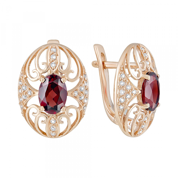Золотые серьги с гранатом и фианитом № 126324