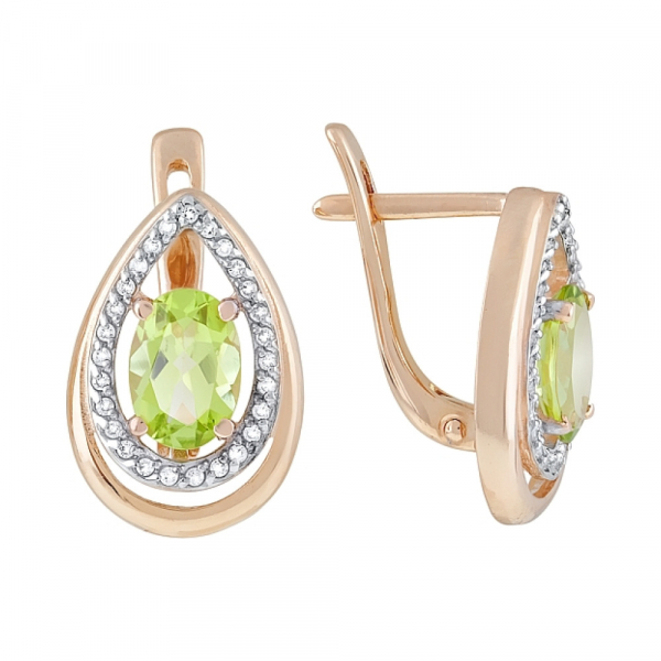 Золотые серьги с хризолитом и фианитом № 119316