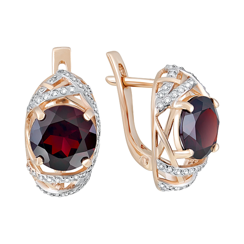 Золотые серьги с гранатом и фианитом № 124085