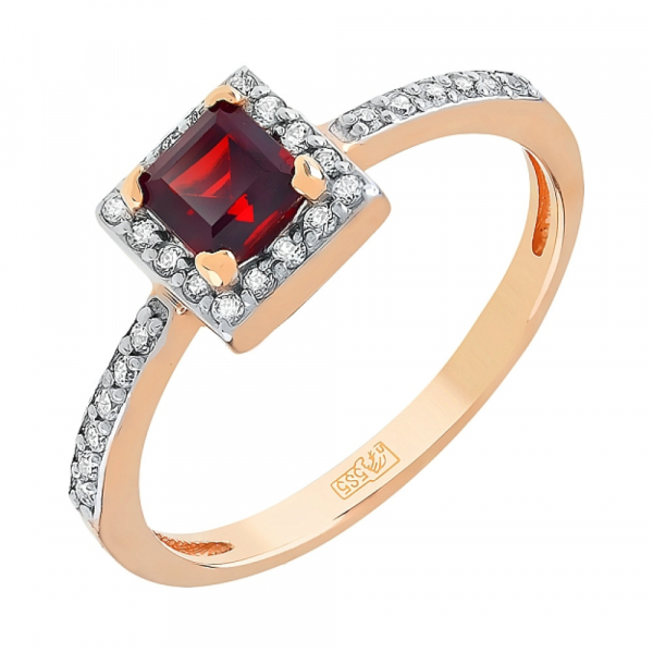 Золотое кольцо с гранатом и фианитом № 112254