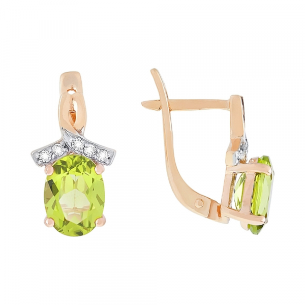 Золотые серьги с хризолитом и фианитом № 100052