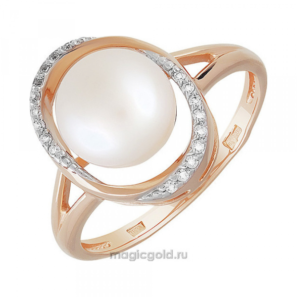 Золотое кольцо с жемчугом и фианитом № 151359