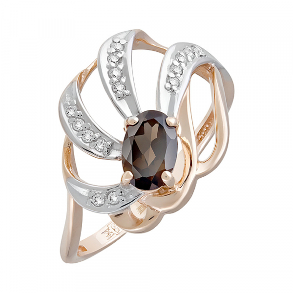 Золотое кольцо с раухтопазом и фианитом № 126577