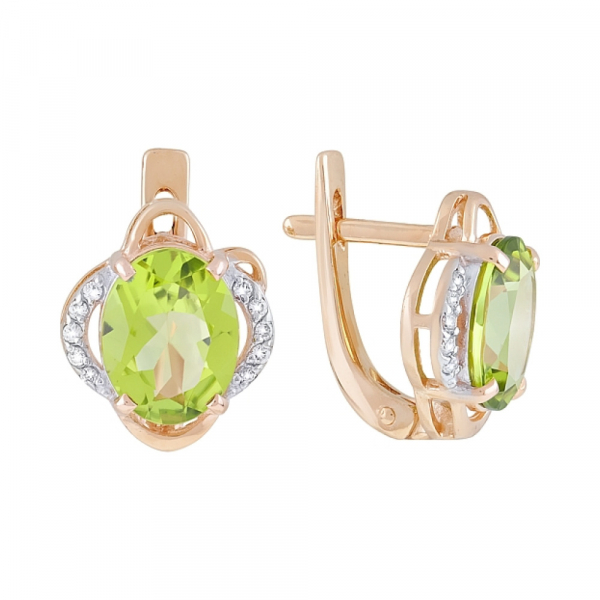 Золотые серьги с хризолитом и фианитом № 119637