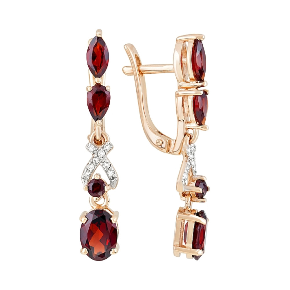 Золотые серьги с гранатом и фианитом № 119583
