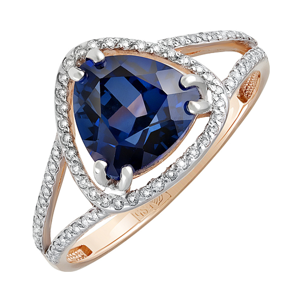 Золотое кольцо с сапфиром иск.выр. и фианитом № 129939