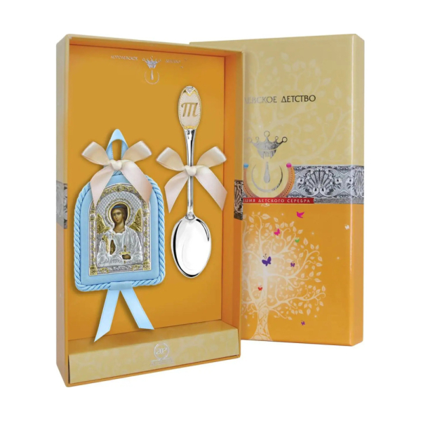 Набор детский Ангел Хранитель: икона голубая, ложка с позолотой с Т из серебра 925 пробы