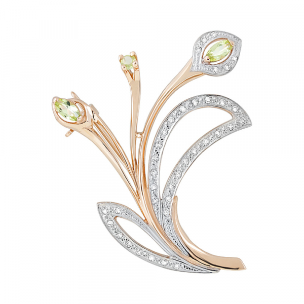 Золотая брошь с хризолитом и фианитом № 123350