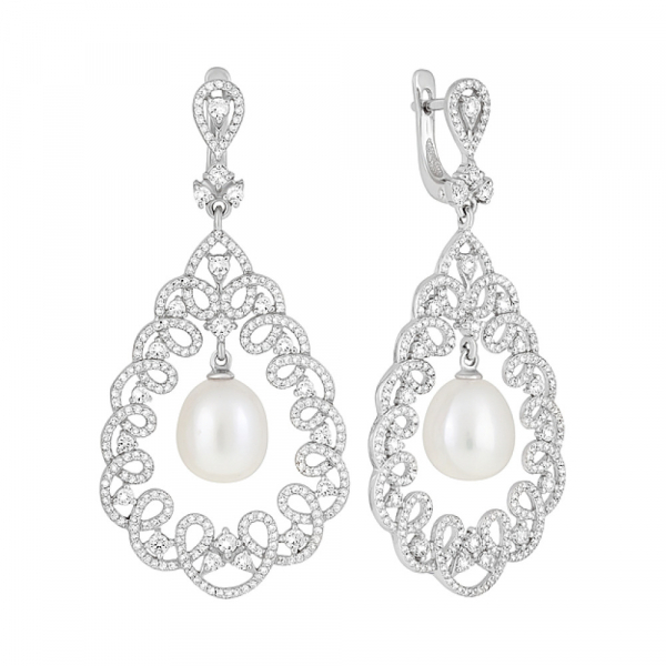 Серебряные серьги с жемчугом и фианитом № 126315