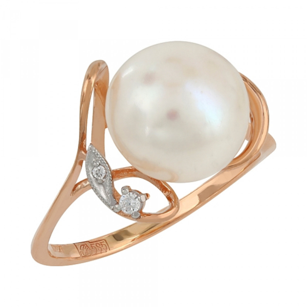 Золотое кольцо с жемчугом и фианитом № 107353