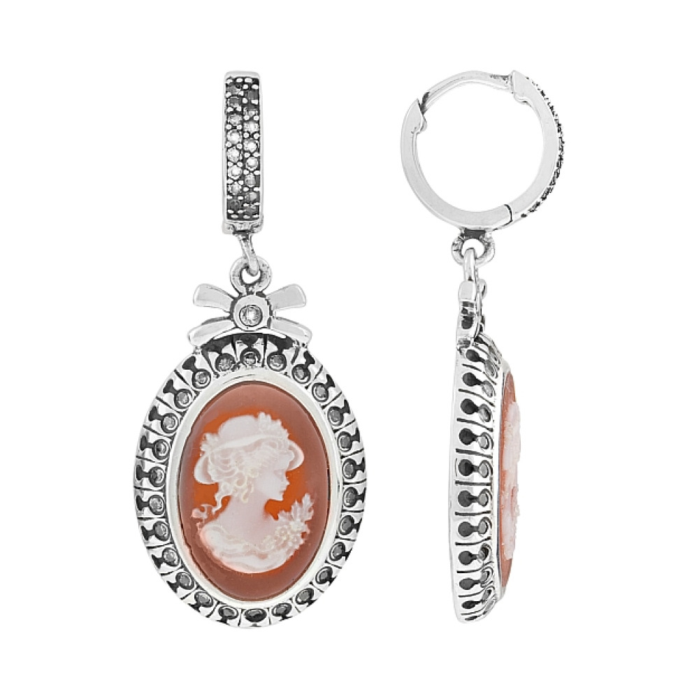 Серебряные серьги с карбоном и фианитом № 108426