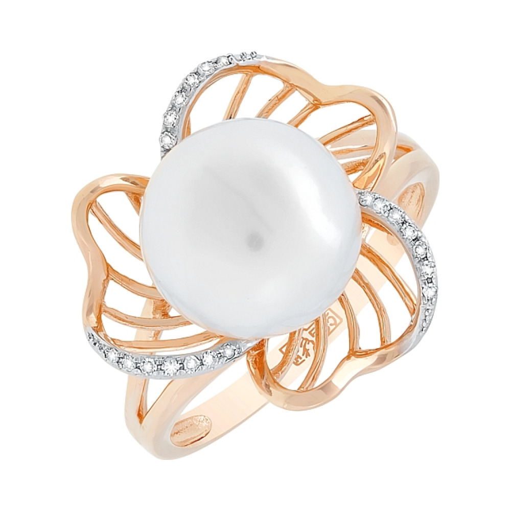 Золотое кольцо с бриллиантом и жемчугом № 113725