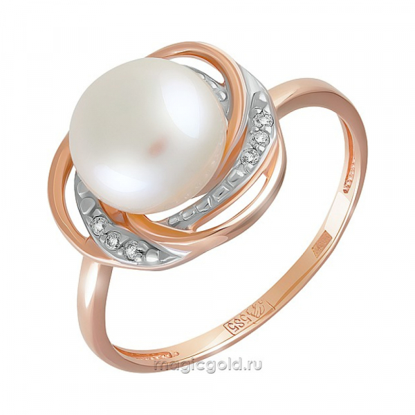 Золотое кольцо с жемчугом и фианитом № 159014