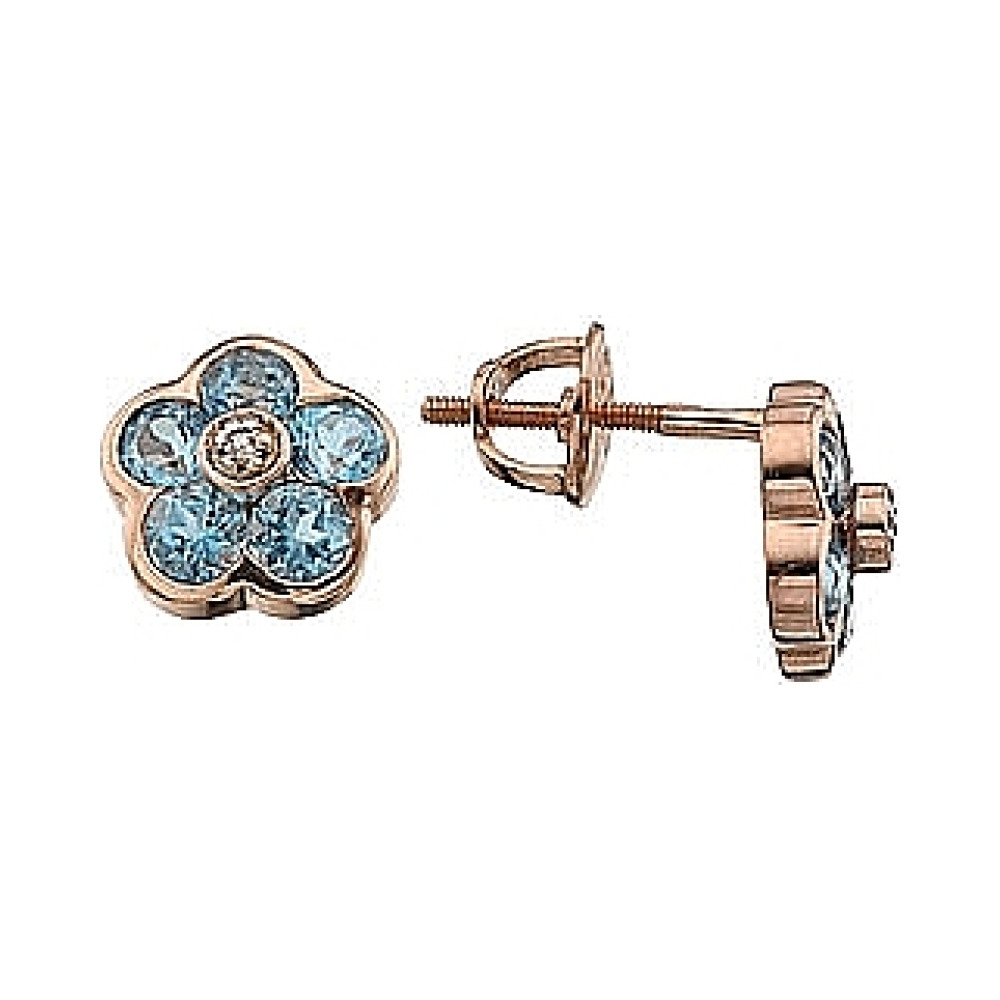 Золотые серьги с бриллиантом и топазом (пусеты) № 41158