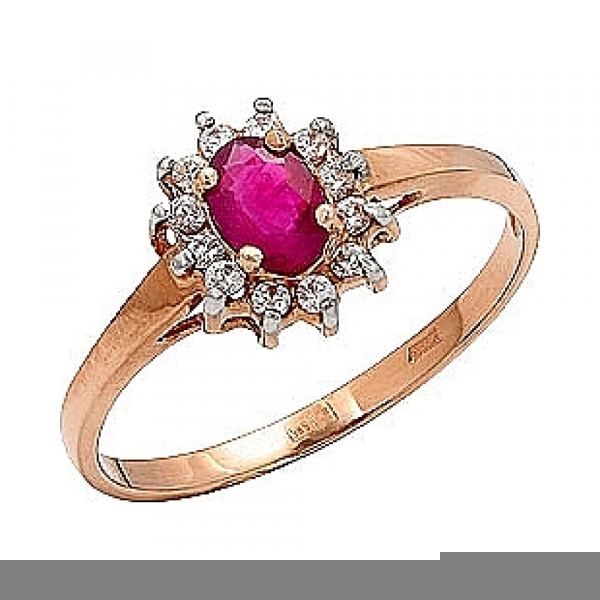 Золотое кольцо с рубином и фианитом № 26222