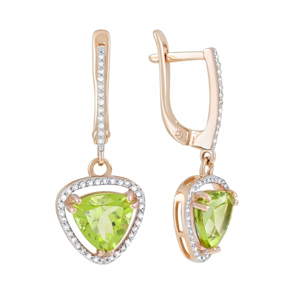 Золотые серьги с хризолитом и фианитом № 120017