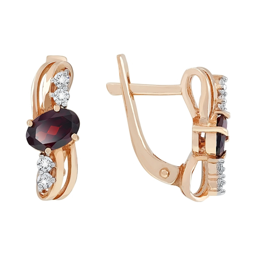 Золотые серьги с гранатом и фианитом № 76079