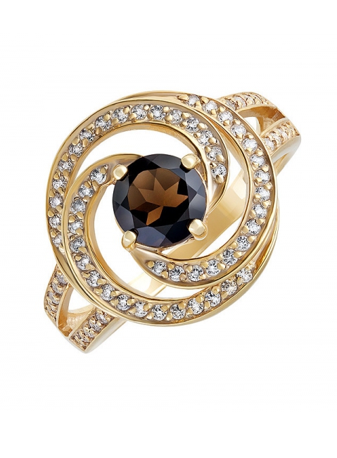 Серебряное кольцо с раухтопазом, фианитом и золотым покрытием № 132609