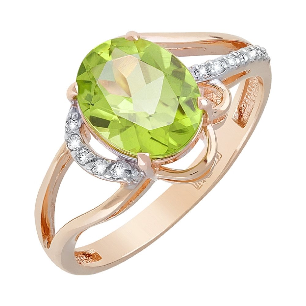 Золотое кольцо с хризолитом и фианитом № 119550