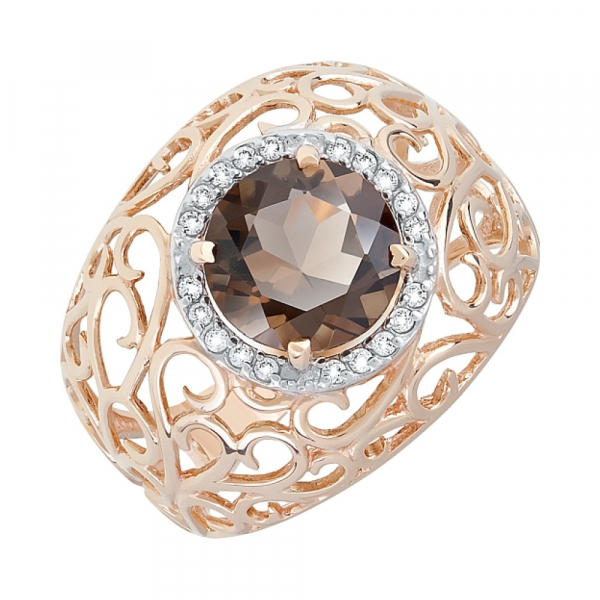 Золотое кольцо с раухтопазом и фианитом № 120298