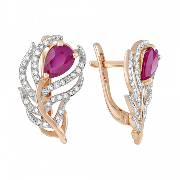 Золотые серьги с рубином и фианитом № 120363