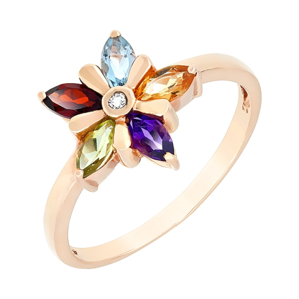 Золотое кольцо с бриллиантом и полудраг. вставками № 27039