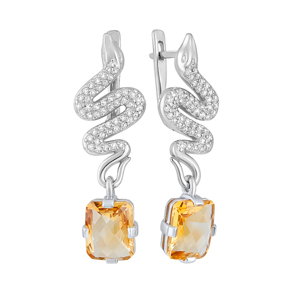 Серебряные серьги с цитрином и фианитом № 128133