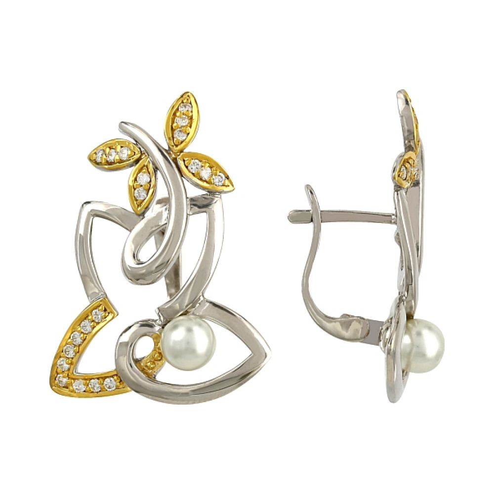 Серебряные серьги с имитац. жемчуга и фианитом № 106311