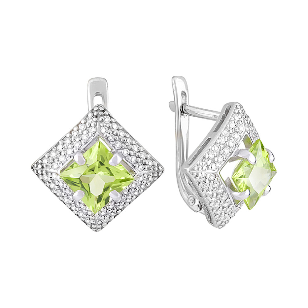 Серебряные серьги с хризолитом и фианитом № 123199