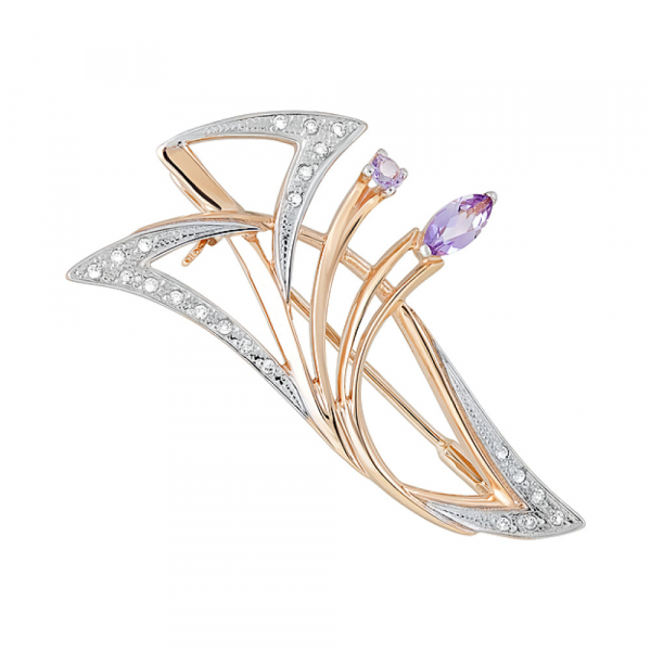 Золотая брошь с аметистом и фианитом № 122984