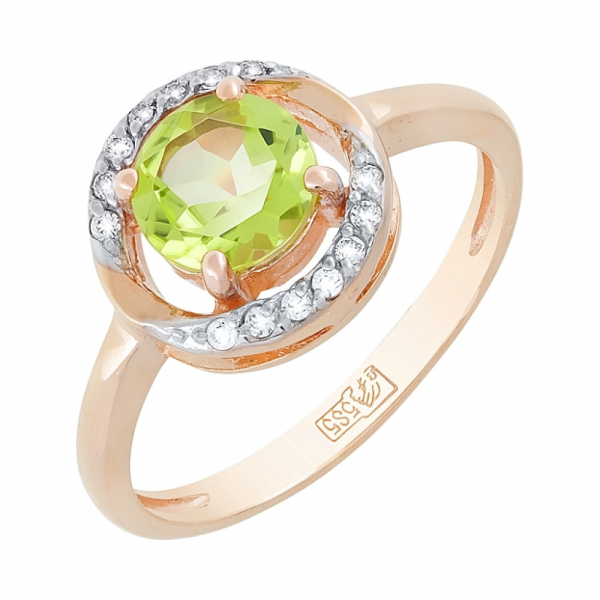 Золотое кольцо с хризолитом и фианитом № 117911