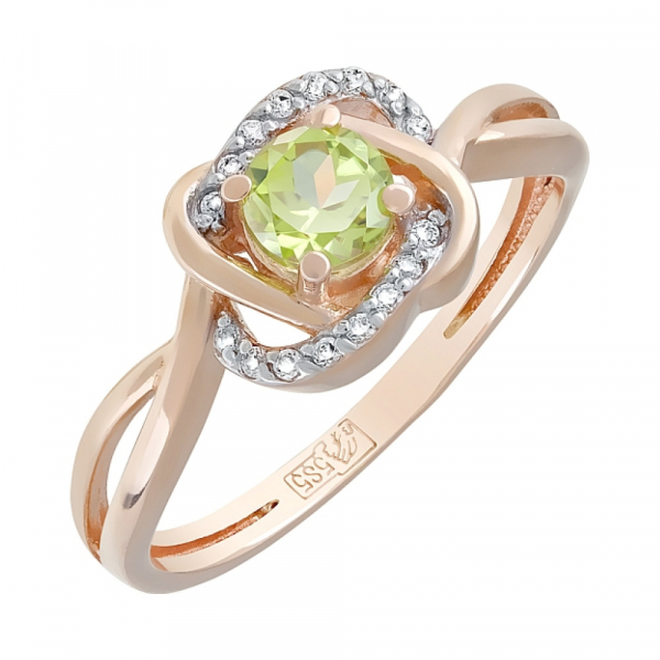 Золотое кольцо с хризолитом и фианитом № 120891