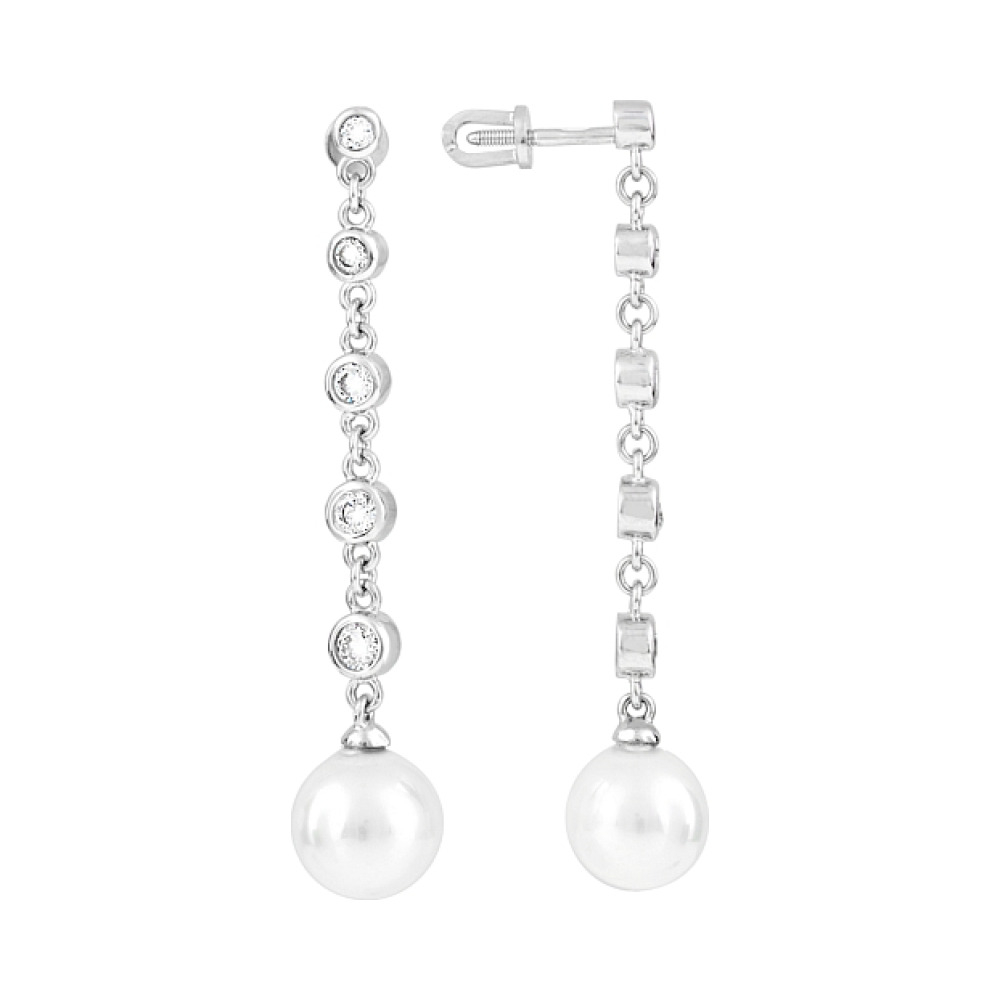 Серебряные серьги с имитац. жемчуга и фианитом № 112719