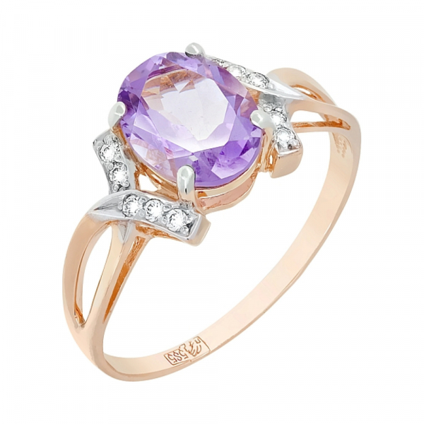 Золотое кольцо с аметистом и фианитом № 77604