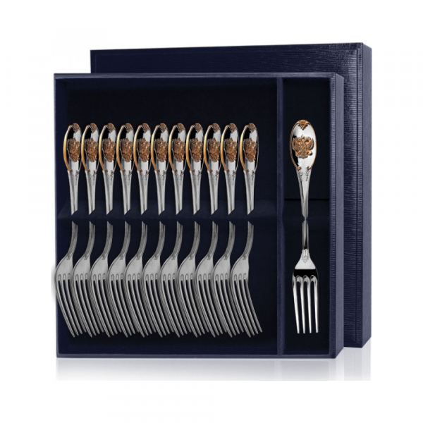 Серебряный столовый набор  Единство  с позолотой 12 предметов