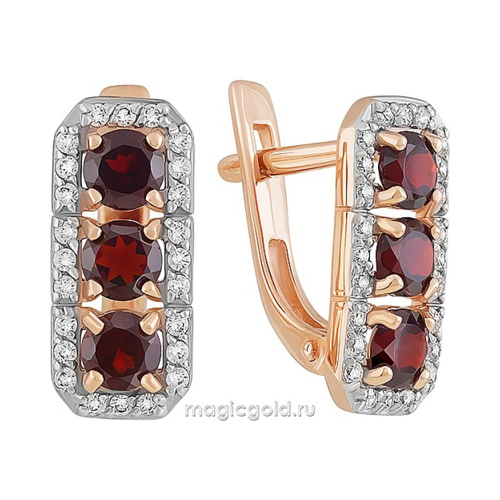Золотые серьги с гранатом и фианитом № 142181