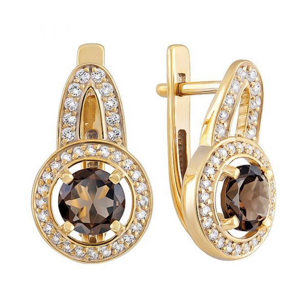 Серебряные серьги с раухтопазом, фианитом и золотым покрытием № 132633