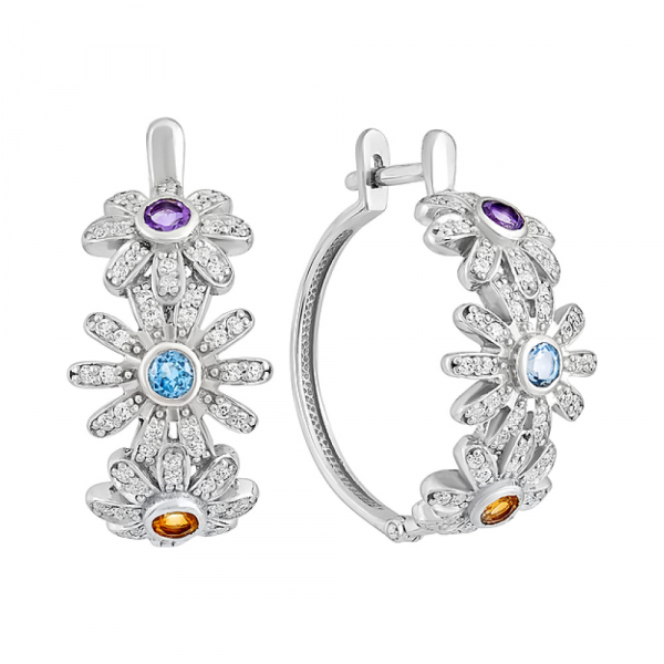 Серебряные серьги с полудрагоценными вставками и фианитом № 131485