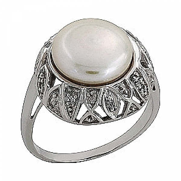 Золотое кольцо с бриллиантом и жемчугом № 75412