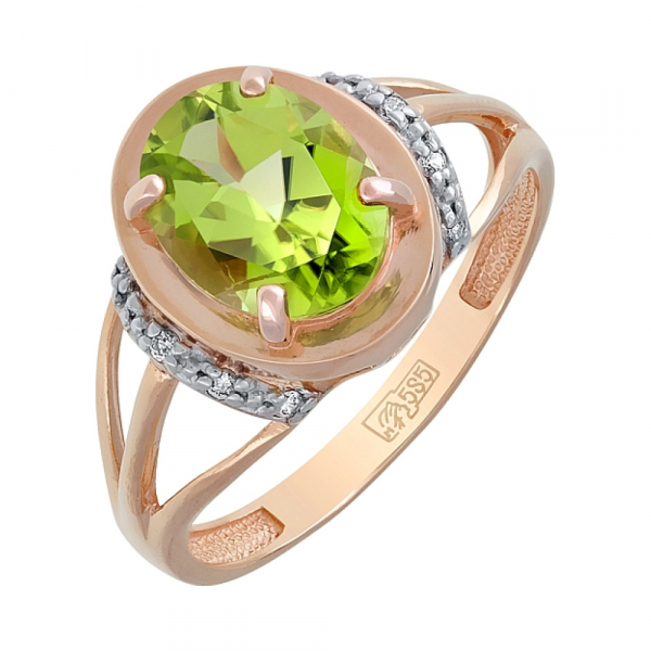 Золотое кольцо с хризолитом и фианитом № 115190