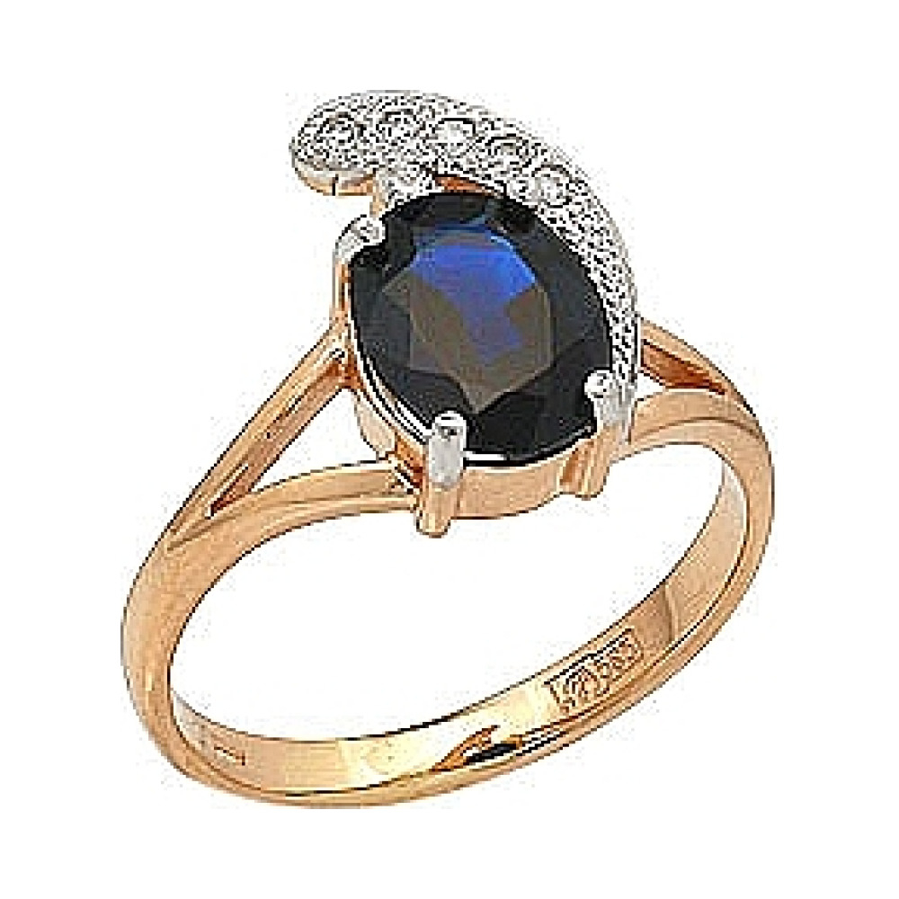 Золотое кольцо с бриллиантом и чёрным сапфиром № 40356