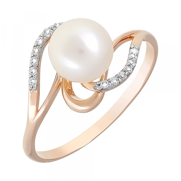 Золотое кольцо с жемчугом и фианитом № 120745