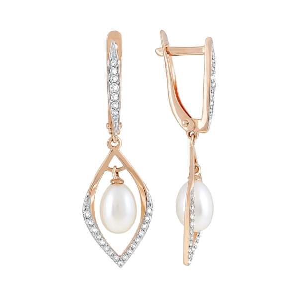 Золотые серьги с жемчугом и фианитом № 120733