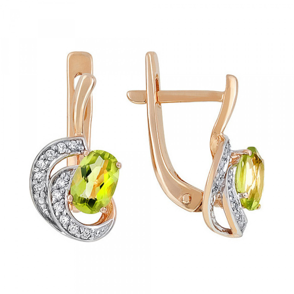 Золотые серьги с хризолитом и фианитом № 106421