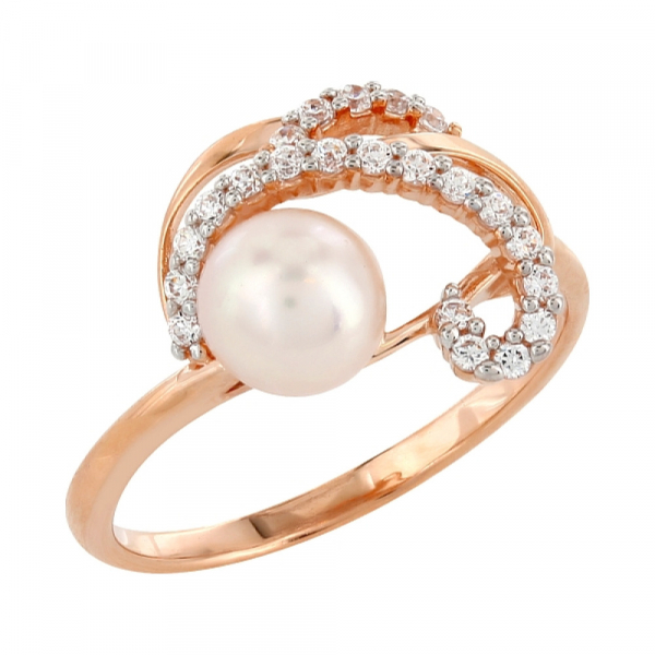Золотое кольцо с жемчугом и фианитом № 104232