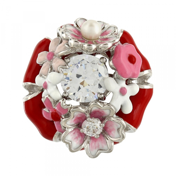 Серебряная подвеска с имит. жемчуга, фианитами и эмалью № 106187