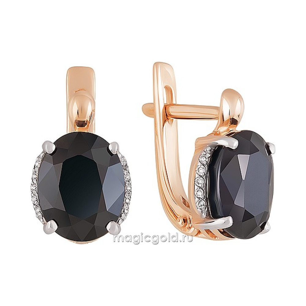 Золотые серьги с бриллиантом и чёрным сапфиром № 158880