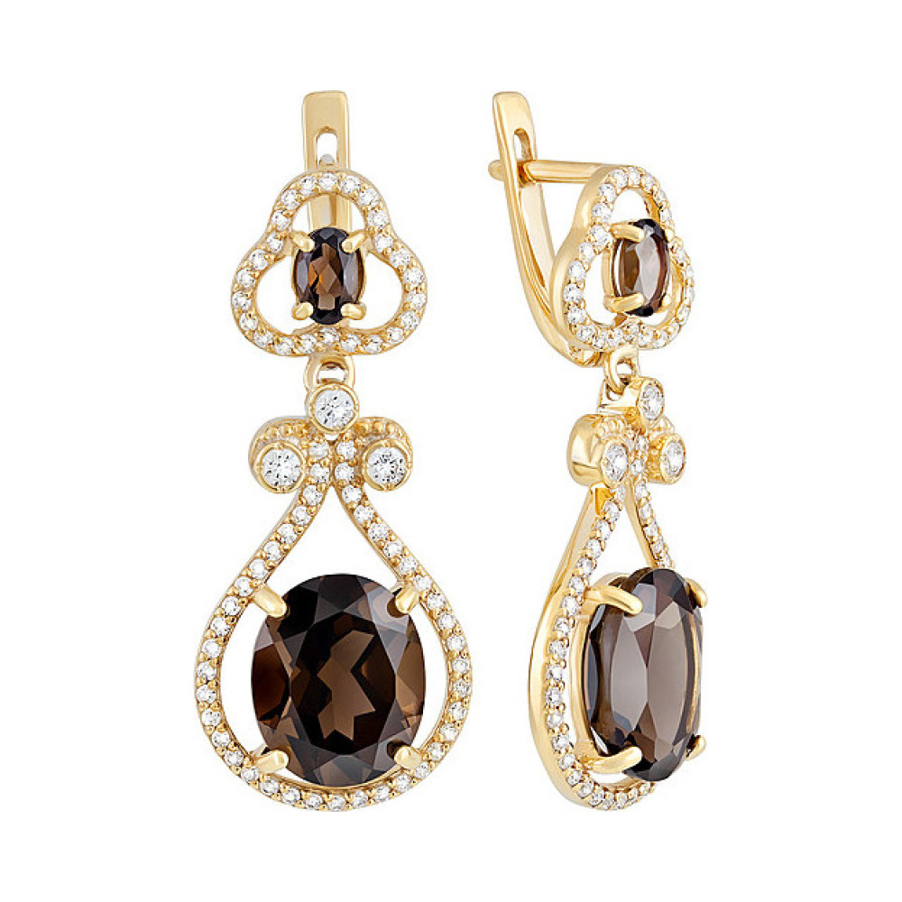 Серебряные серьги с раухтопазом, фианитом и золотым покрытием № 132634