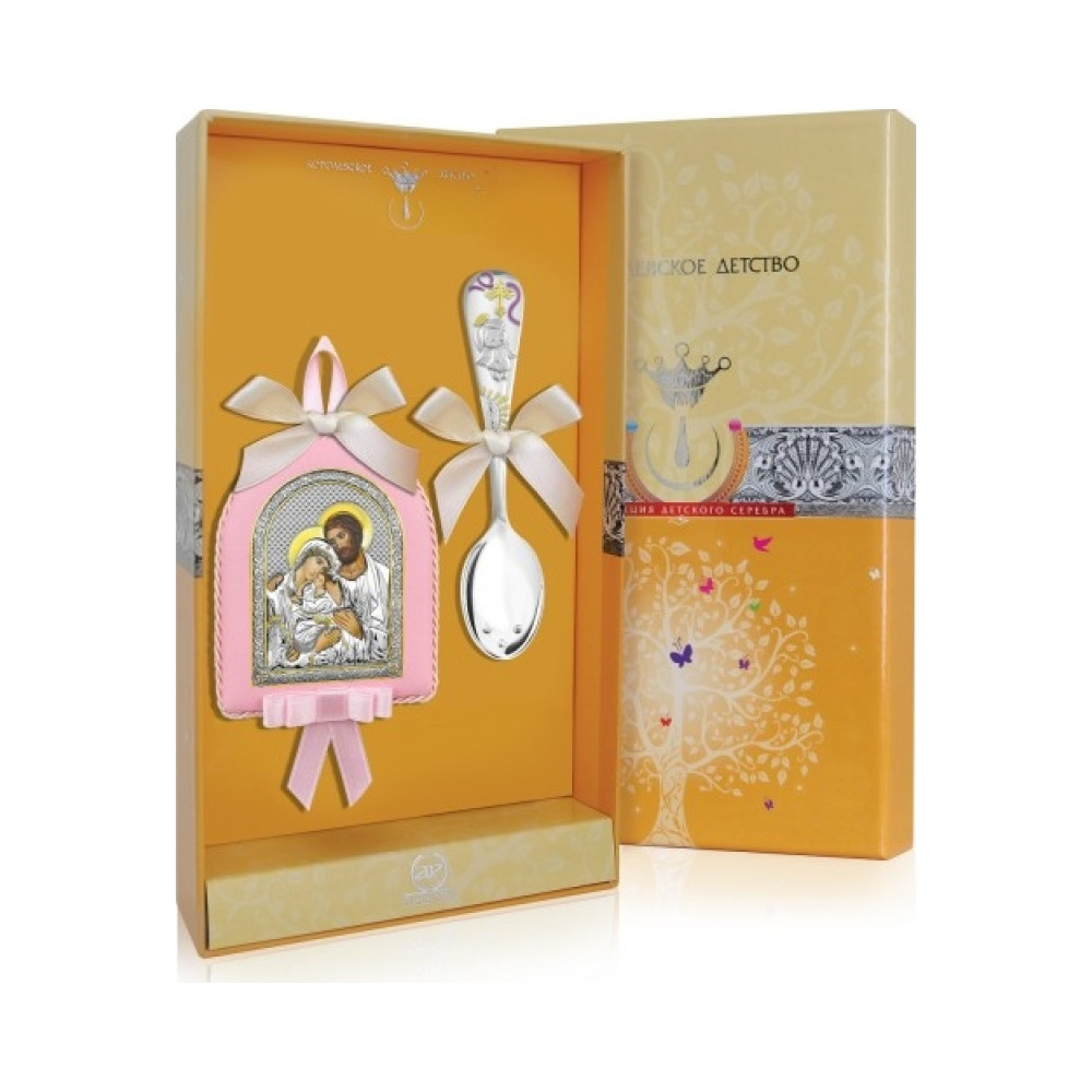 Набор детский "Св. Семейство" (икона+ложка Крестильная) роз.+футляр